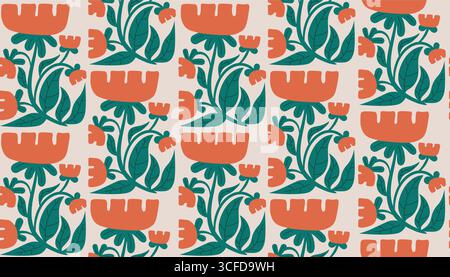 Nahtloses Retro-Muster mit Blumenmotiven und Matisse-Blüten im groovigen Hippie-Stil. Farbenfrohes, flaches Zeichentrickdesign, perfekt für die Oberflächendekoration, fabelhaft Stock Vektor