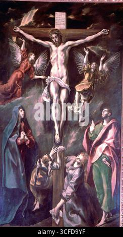 Kreuzigung c.1584-1600 (Öl auf Leinwand) von El Greco Prado, Madrid, Spanien. Der Gekreuzigte Christus befindet sich in Gesellschaft der Jungfrau Maria Magdalena und des heiligen Johannes des Täufers und der Engel Greco, El (orig. Kyriakos Theotokopoulos, später Domenikos Theotokopoulos) spanischer (griechisch geborener) Maler (1541-1614) ©TopFoto Stockfoto
