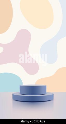 Pastellfarbene Produktanzeige mit hellblauem zweistufigem Podium, das gegen abstrakte rosafarbene gelbe flüssige Formen und weichen Wandhintergrund gesetzt wird, perfekt für Branding-Mockup Stock Vektor