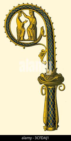 Dieser schöne Pastoralstab aus dem 12. Jahrhundert, von dem der obere Teil erhalten ist, ist in der Sammlung von Monsieur Duguay in Paris erhalten. Es ist aus Kupfer vergoldet und elegant emailliert. Stockfoto