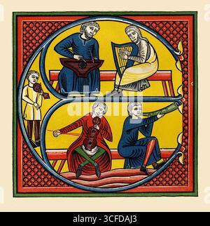 Großbuchstabe E - Anfangsbuchstabe aus einer Handschrift in der Arundel Collection im British Museum (Nr. 157), die einen reich beleuchteten Kalender, Psalter, die Stunden der Jungfrau und andere ähnliche Werke enthält und angeblich aus der frühen Hälfte des 13. Jahrhunderts stammen. Es liefert uns einige interessante Beispiele alter Musikinstrumente. Im Manuskript bildet es die Initiale zum Psalm Exultate Deo; die Musiker spielen auf Instrumenten, die die in den Anfangszeilen genannten repräsentieren sollen. Stockfoto