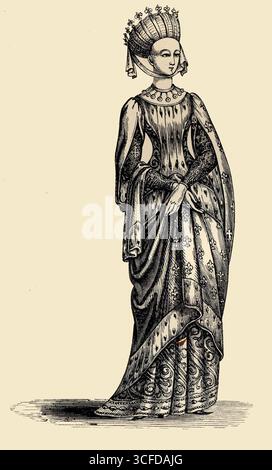 Diese Figur ist ein Porträt von Margarete von Provence, der schönen und vollendeten Ehefrau von St. Louis, König von Frankreich. Margarete war die älteste Tochter von Raymond Berenger IV., Graf von Provence, dessen Hof in der frühen Hälfte des 13. Jahrhunderts der Ort all dessen war, was im Süden Europas schön und vollbracht war, das Hauptquartier der geschicktesten Troubadoure. Margaret war am 27. Mai 1234 mit König Ludwig verheiratet und trug mit ihr den Geschmack und die Mode ihres Vaters an den Hof ihres Mannes. Sie führte ein ereignisreiches Leben und, nach dem Tod von Stockfoto