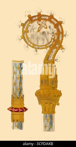 Pastoralstab der Abtei von Lys - bei der Untersuchung einer Sammlung mittelalterlicher Antiquitäten ist man von der überlegenen Schönheit der Ornamentartikel beeindruckt, die vom Klerus verwendet wurden (im Vergleich zu den Laien), insbesondere im 12. Und 13. Jahrhundert. Die Kirchen und Schreine, die heiligen Gefäße, die Kreuze und Croziers, die zeremoniellen Gewänder sind alle ausgezeichnete Schmuckstücke. Das wunderschöne Pastoralpersonal, das auf dieser Platte dargestellt ist und heute in der Bibliothek von Versailles erhalten ist, stammt aus dem frühen 13. Jahrhundert. Es gehörte früher der Abtei de Lys in meiner Nähe Stockfoto