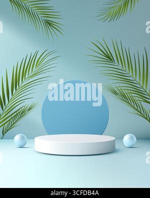 Tropisches 3D-Podium mit weißem Zylinder auf hellblauem Hintergrund und kreisförmigem Hintergrund, der von Palmblättern eingerahmt wird, ideal für Sommerproduktpräsentationen e Stock Vektor