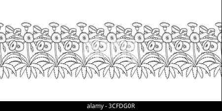 Streifenmuster mit schwarz-weißen Strichgrafiken Blumen der kanarischen Inseln Tree Sonchus. Horizontaler nahtloser Rand mit Blumenmuster Stock Vektor