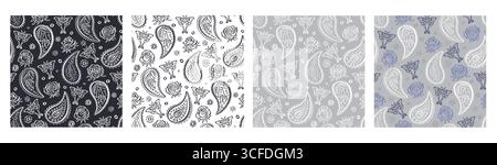 Einfarbiges, nahtloses Muster mit handgezeichnetem Paisley mit Rosen und luna-Motten Stock Vektor
