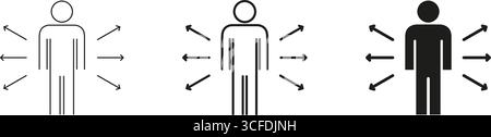 Symbolgruppe Für Person Mit Pfeilen, Die Nach Außen Zeigen. Persönlicher Raum, Einfluss Und Kommunikationskonzept – Umriss Und Silhouettensymbol. Menschliche Interaktion Stock Vektor