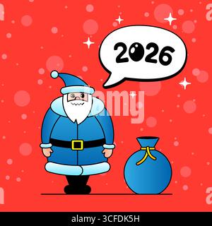 Verspielter Weihnachtsmann, der einen Sack voller Geschenke hält. Fröhliche 2026 Weihnachtsfigur für Wintergrußkarte, Partybanner, festliches Poster oder saisonale Dekoration. Stock Vektor