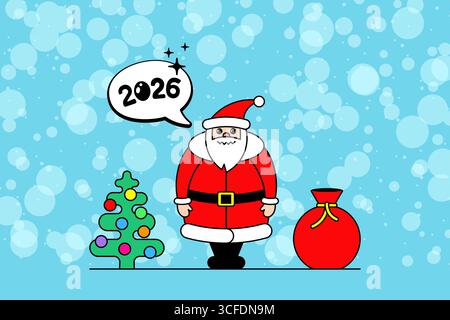 Niedlicher Weihnachtsmann in Zeichentrickfilm mit Geschenktüte und rotem Hut. Festliche 2026 Weihnachtsfigur für Grußkarte, Weihnachtsbanner, Winterposter oder fröhliche Feier Design. Stock Vektor
