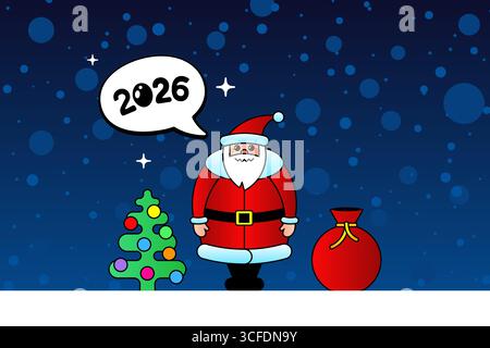 Lustiger Weihnachtsmann-Zeichentrick mit Bart, roter Kleidung und Geschenken. Dekorative Weihnachtsvektorkunst 2026 für Weihnachtskarte, festliche Einladung, Weihnachtsposter oder Neujahrsfeier. Stock Vektor