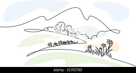 Landschaft mit Blumen, Bäumen und Bergen. Einzeilige Zeichnung Stock Vektor