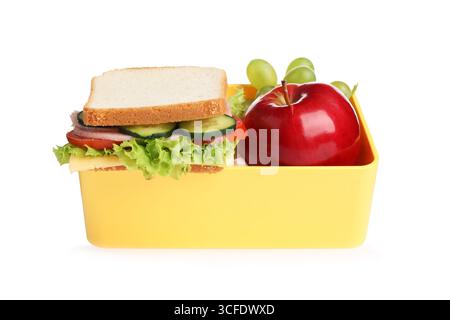 Offene Lunchbox mit leckerem Sandwich und Apfel isoliert auf weiß Stockfoto