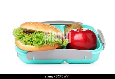 Offene Lunchbox mit leckeren Speisen, isoliert auf weiß Stockfoto