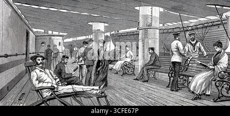 Bilder eines luxuriösen Ozeanexpress-Dampfers um 1890, Promenadendeck, Schiff Columbia der Hamburg-Amerikanischen Packetfahrt-Actien-Gesellschaft, HAPAG, historische, authentische, digital restaurierte Nachbildung eines Originals aus dem 19. Jahrhundert, Rekorddatum nicht angegeben Stockfoto