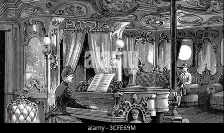 Bilder eines luxuriösen Ozeanexpress-Dampfschiffes um 1890, Musikhalle, Schiff Columbia der Hamburg-Amerikanischen Packetfahrt-Actien-Gesellschaft, HAPAG, historische, authentische, digital restaurierte Nachbildung eines Originals aus dem 19. Jahrhundert, Rekorddatum nicht angegeben Stockfoto