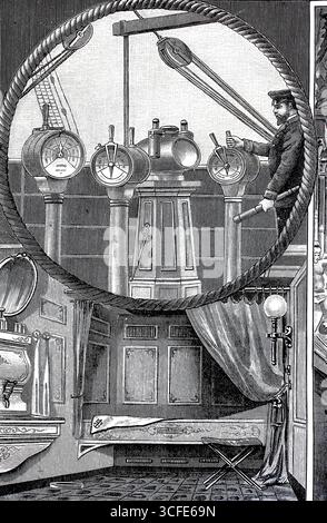Bilder eines luxuriösen Ozeanexpress-Dampfschiffes um 1890, Kommandobrücke, Schiff Columbia der Hamburg-Amerikanischen Packetfahrt-Actien-Gesellschaft, HAPAG, historische, authentische, digital restaurierte Nachbildung eines Originals aus dem 19. Jahrhundert, Rekorddatum nicht angegeben Stockfoto