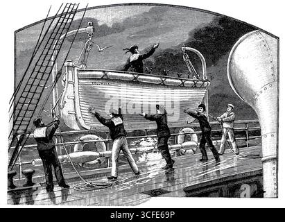 Bilder eines luxuriösen Ozean-Express-Dampfschiffes um 1890, startbereit Rettungsboot, Schiff Columbia der Hamburg-Amerikanischen Packetfahrt-Actien-Gesellschaft, HAPAG, historische, authentische, digital restaurierte Reproduktion eines Originals aus dem 19. Jahrhundert, Rekorddatum nicht angegeben Stockfoto