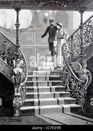Bilder eines luxuriösen Ozeanexpress-Dampfers um 1890, Treppen zu den Hallen, Schiff Columbia der Hamburg-Amerikanischen Packetfahrt-Actien-Gesellschaft, HAPAG, historische, authentische, digital restaurierte Nachbildung eines Originals aus dem 19. Jahrhundert, Rekorddatum nicht angegeben Stockfoto