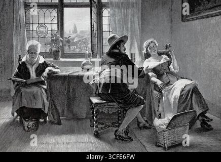 Ein angenehmer Weiber, der mit seinem Charme und einer gewissen List beeindrucken kann, unterhält die junge Frau. Ihre Mutter sitzt am Tisch und liest ein Buch. 1890. Historische, authentische, digital restaurierte Reproduktion eines Originals aus dem 19. Jahrhundert. Das Datensatzdatum wurde nicht angegeben. Stockfoto