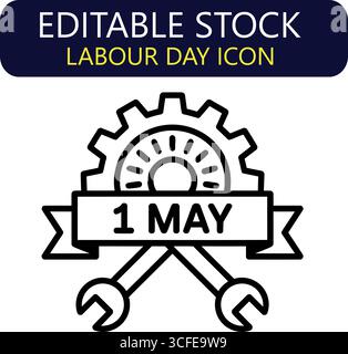 Feiern Sie den Tag der Arbeit mit einem modernen, sauberen Symbol mit Ausrüstung, Schraubenschlüsseln und dem Datum des 1. Mai für Werbematerialien Stock Vektor