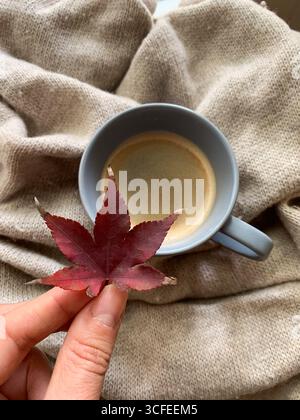 Tasse Kaffee auf einem warmen Pullover und einer Hand, die das rote Herbstblatt hält. Gemütliche Herbststimmung und Entspannungskonzept. Draufsicht, flach. Herbstkomposition. Stockfoto