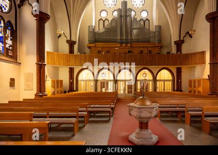 Blick in das Kirchenschiff mit Holzbänken und einer großen Orgel in der Galerie. Warmes Licht beleuchtet den Raum. Stockfoto