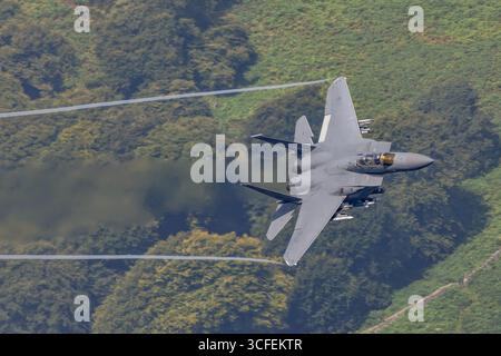 McDonnell Douglas F-15E Strike Eagle im Flug, ein zweimotoriges Mehrzweck-Kampfflugzeug, das von der United States Air Force betrieben wird. Stockfoto
