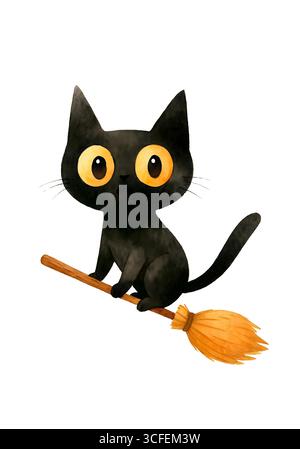 Niedliche Katze Halloween Illustration - Spooky Kätzchen mit Hexenhut isoliert auf weiß, JPG Stockfoto
