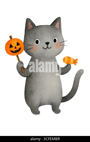Niedliche Katze Halloween Illustration - Spooky Kätzchen mit Hexenhut isoliert auf weiß, JPG Stockfoto