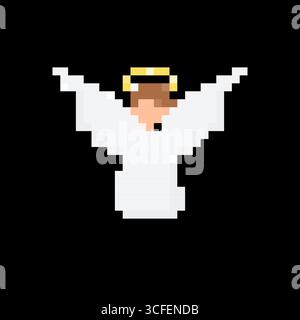 Mosaikengel-Ikone mit pixelfarbenem Zeichentrickdesign mit Flügeln und Halo in fröhlicher Pose Stock Vektor