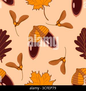 Nahtloses botanisches Muster des Herbstwaldes mit Eicheln, Ahorn und Eichenblättern Vektor-Illustration Stock Vektor