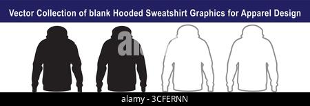 Set aus Hoodie-Silhouette und Konturvektorsymbolen. Schwarz-weiße Kollektion leerer Muster für Sweatshirts für legere Kleidung und modisches Design. Stock Vektor