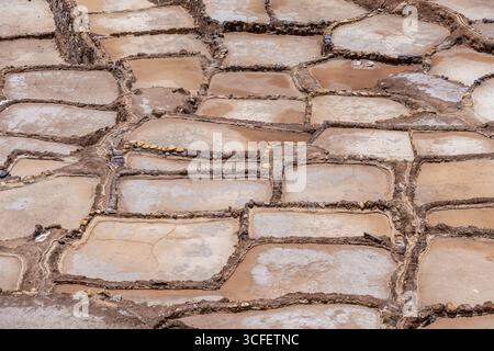 Salzteiche von Maras auf einem terrassenförmig angelegten Hügel im Heiligen Tal von Peru. Stockfoto