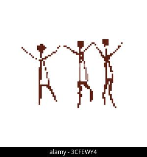 Pixel-Tribal-Tanzfiguren in primitivem Mosaik-Höhlenkunststil für antike oder kulturelle Themen Stock Vektor