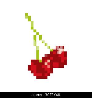 Mosaikkirschen mit Pixelmotiv in leuchtendem Rot und schlichten grünen Stielen im Retro-Stil Stock Vektor