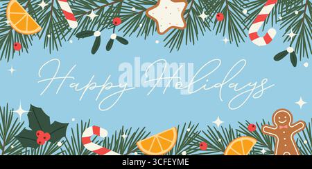Happy Holidays Banner mit Tannenzweigen, Orangenscheiben, stechpalme, Zuckerstangen, Lebkuchenkeksen, Schnee und Glitzer- Vektorillustration Stock Vektor