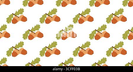 Nahtloses Herbstmuster mit Eicheln und Blättern in flachem Stil. Vektorillustration für Banner und soziale Medien Stock Vektor