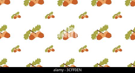 Nahtloses Herbstmuster mit Eicheln und Blättern in flachem Stil. Vektorillustration für Banner und soziale Medien Stock Vektor