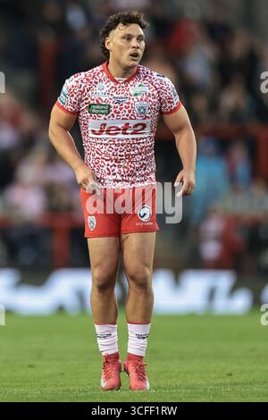 Leigh, Großbritannien. August 2025. Lachlan Lam of Leigh Leopards während des Spiels der Betfred Super League Runde 23 Leigh Leopards gegen Salford Red Devils im Leigh Sports Village, Leigh, Großbritannien, 22. August 2025 (Foto: Mark Cosgrove/News Images) in Leigh, Großbritannien am 22. August 2025. (Foto: Mark Cosgrove/News Images/SIPA USA) Credit: SIPA USA/Alamy Live News Stockfoto