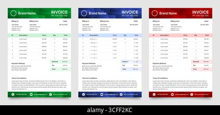 Set von Rechnungsvorlagen. Zahlungsvereinbarung, Unternehmensrechnung, Quittung. Geschäftsvorlage Stock Vektor