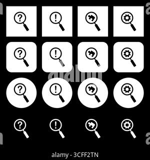 Eine Reihe von Symbolen für Kreativität, Ideen und Brainstorming. Lupe, Ausrüstung, Puzzle, Ausrufezeichen, Fragezeichen. Weiße Symbole auf einem schwarzen B Stock Vektor