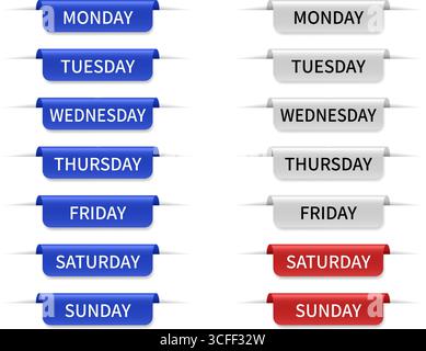 Wochentage. Satz weißer, roter und blauer Lesezeichen. Notizen festhalten. Blatt Papier. Tag, Haftnotiz. Kalender- oder Wochenplaner, Planorgani Stock Vektor