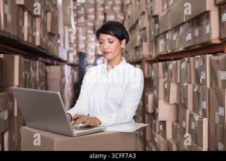 Asiatische Frau mit weißem Hemd, die im Lager mit silbernem Laptop Barcodes auf Kartons scannt Stockfoto