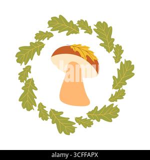 Herbst-Karte mit Pilz und Rahmen mit grünen Blättern in flacher Form. Herbsternte Vektor-Illustration für Banner und Social-Media-Beiträge Stock Vektor