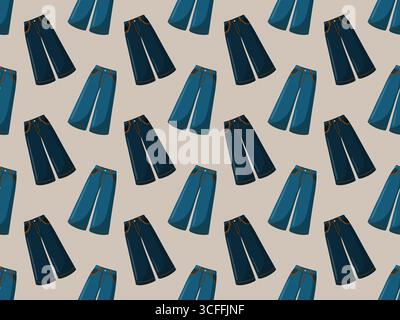 Nahtloses Muster mit Jeans mit weitem Bein auf beigefarbenem Hintergrund. Herbstkleidung. Hintergrund des Zeichentrickvektors Stock Vektor