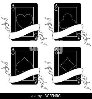 Pokerkarte, umgeben von einem Band, Poker-Symbole von Herz, Diamant, Club und Ass Stock Vektor