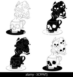 Porzellan-Teetasse in Form eines menschlichen Schädels, Kaffeetasse in Form eines Schädels und seiner Untertasse, dämonische Tasse mit giftigem Todesrauch Stock Vektor