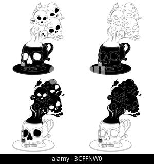 Porzellan-Teetasse in Form eines menschlichen Schädels, Kaffeetasse in Form eines Schädels und seiner Untertasse, dämonische Tasse mit giftigem Todesrauch Stock Vektor