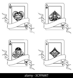 Pokerkarte umgeben von einem Band, Pokersymbole mit Herz, Diamant, Schläger und Ass mit verschiedenen Schädeldesigns Stock Vektor