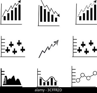 Vektorillustration für verschiedene Symbole in Finanz- und Analysediagrammen Stock Vektor